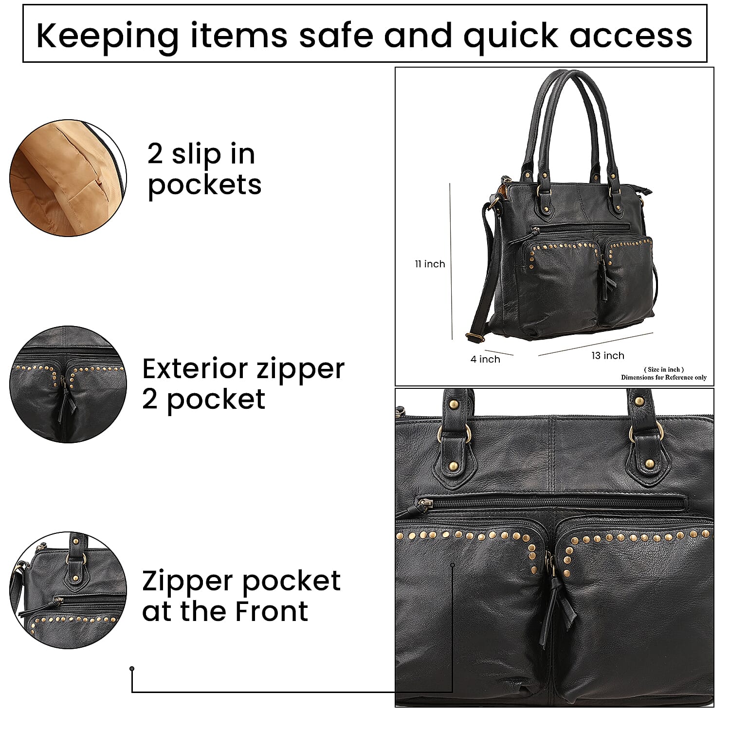 RFID Protected 100% Genuine Leather Shoulder Bag With Handle Drop - Black