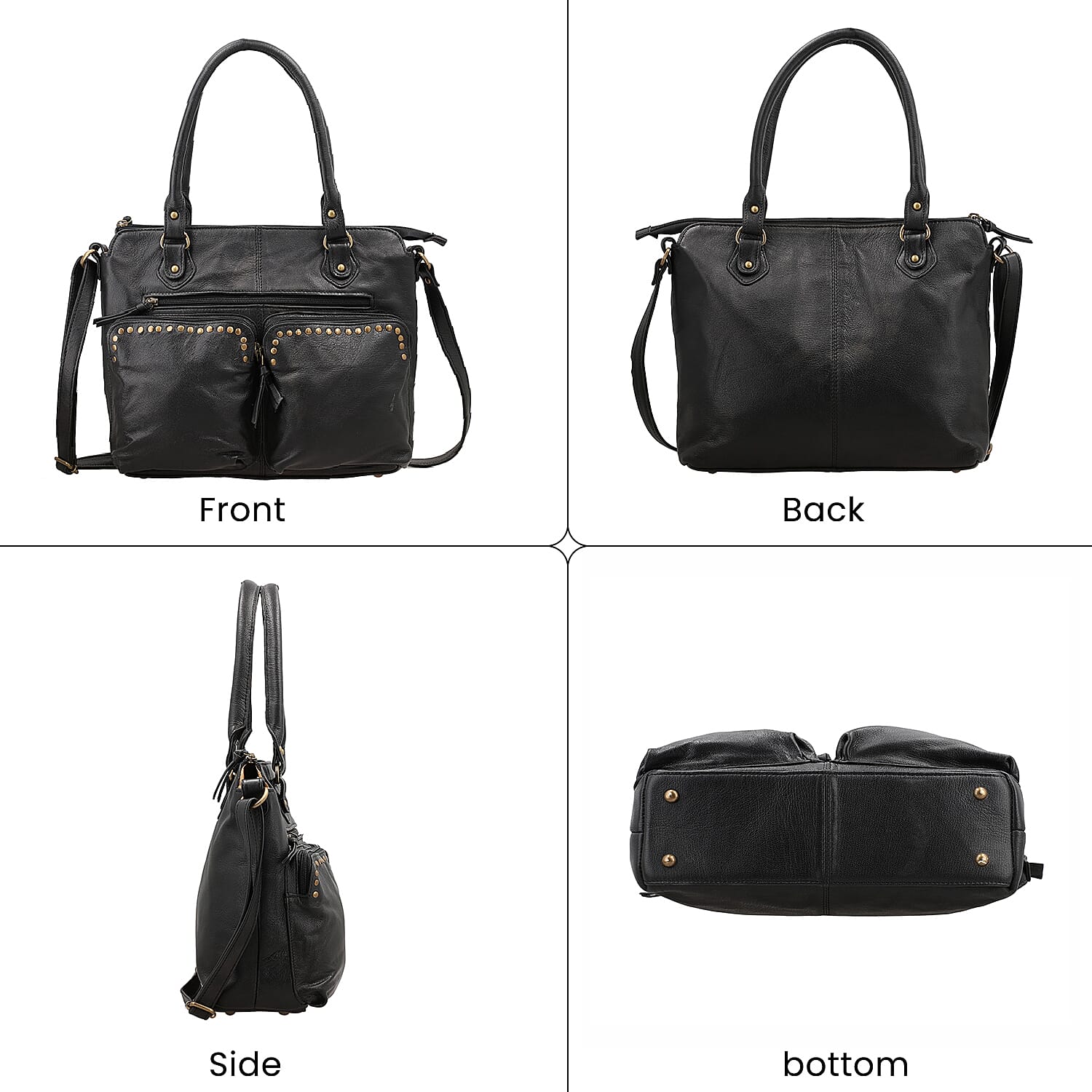 RFID Protected 100% Genuine Leather Shoulder Bag With Handle Drop - Black