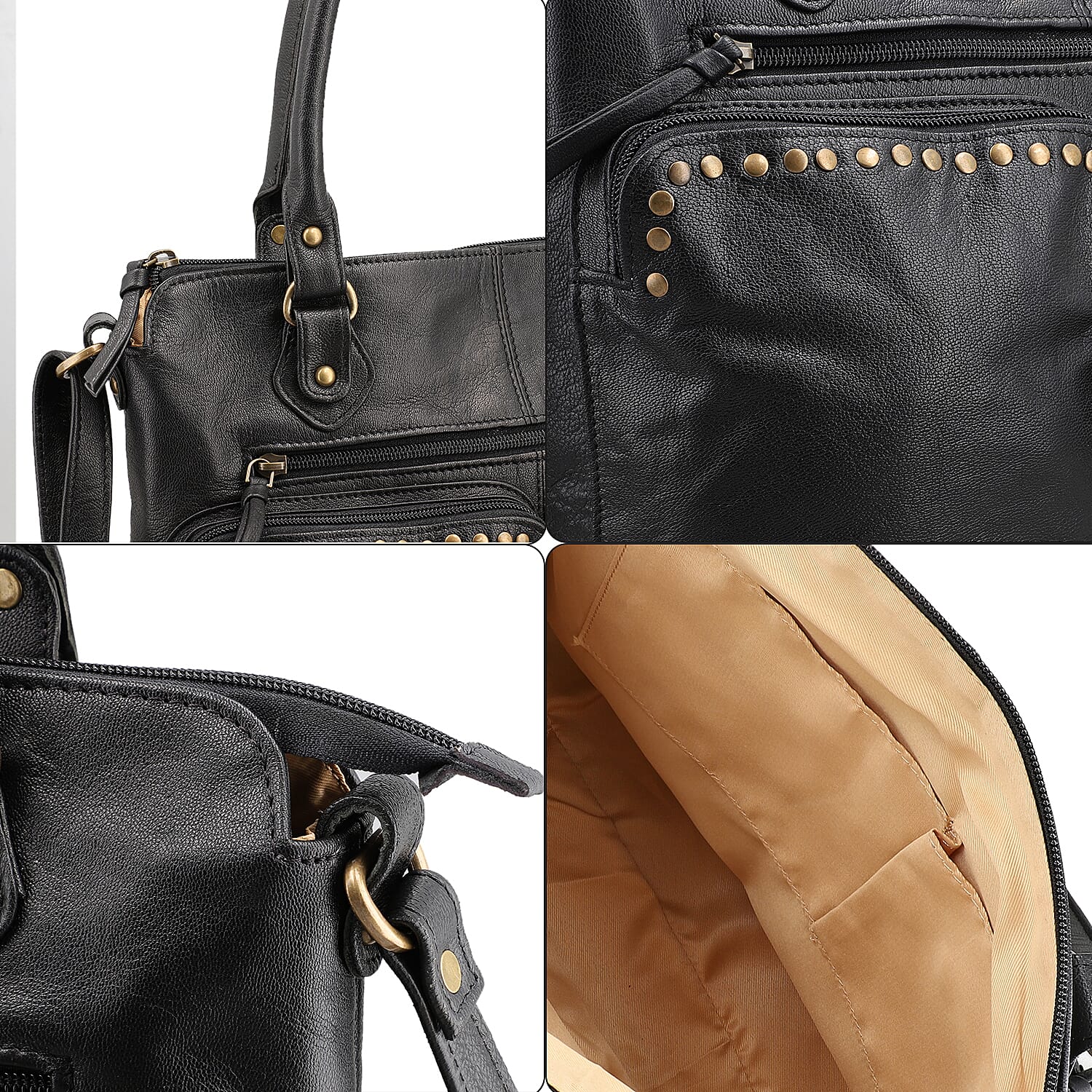 RFID Protected 100% Genuine Leather Shoulder Bag With Handle Drop - Black