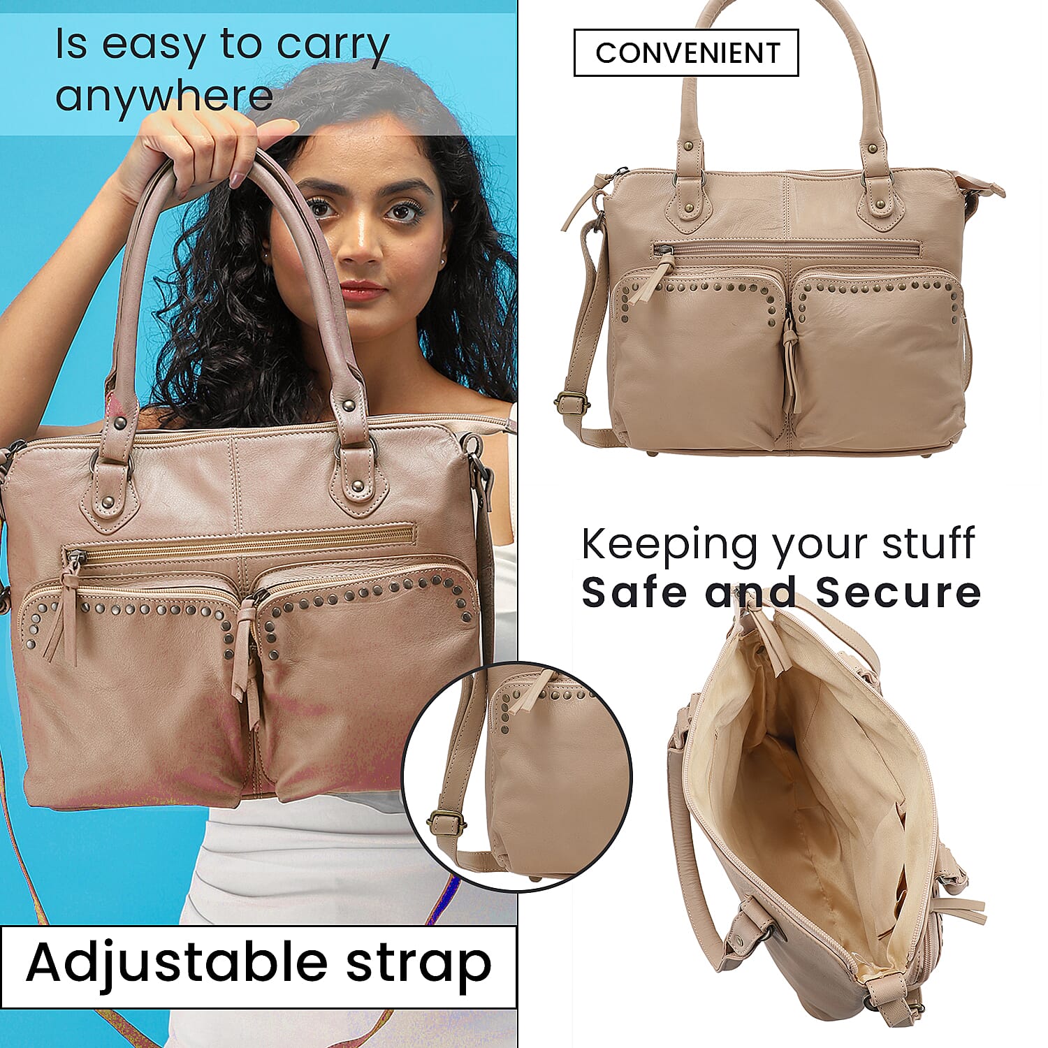 RFID Protected 100% Genuine Leather Shoulder Bag With Handle Drop - Beige
