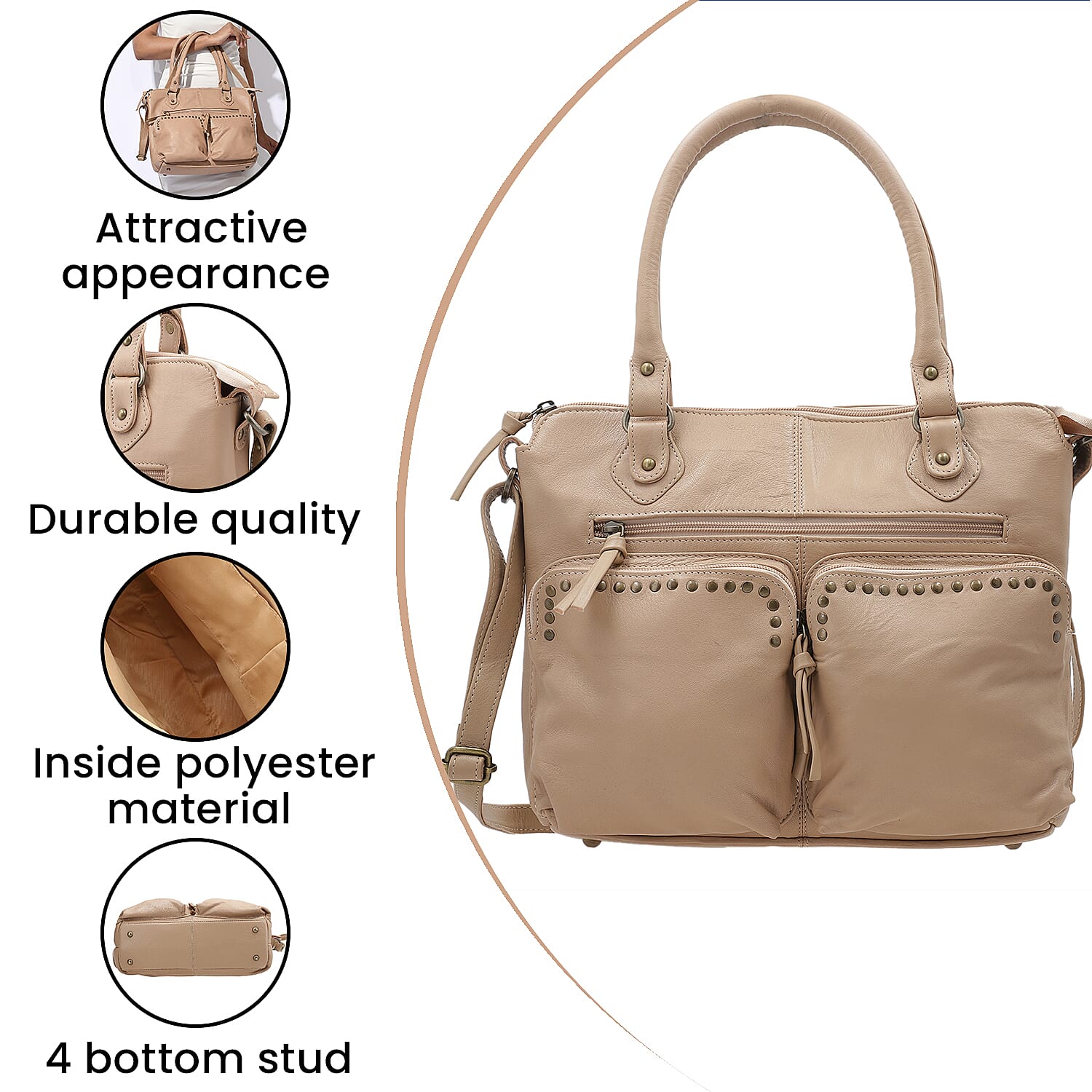 RFID Protected 100% Genuine Leather Shoulder Bag With Handle Drop - Beige
