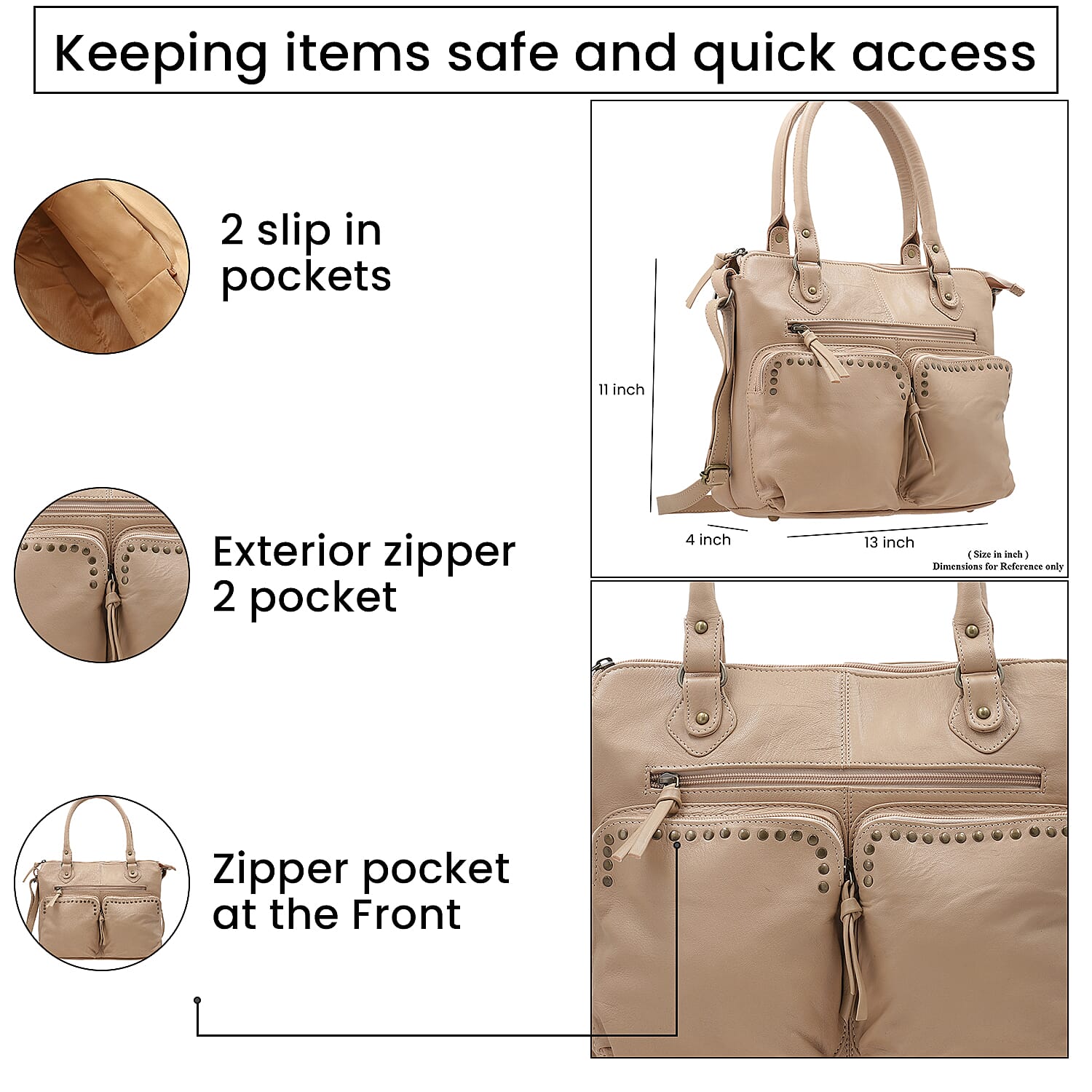 RFID Protected 100% Genuine Leather Shoulder Bag With Handle Drop - Beige