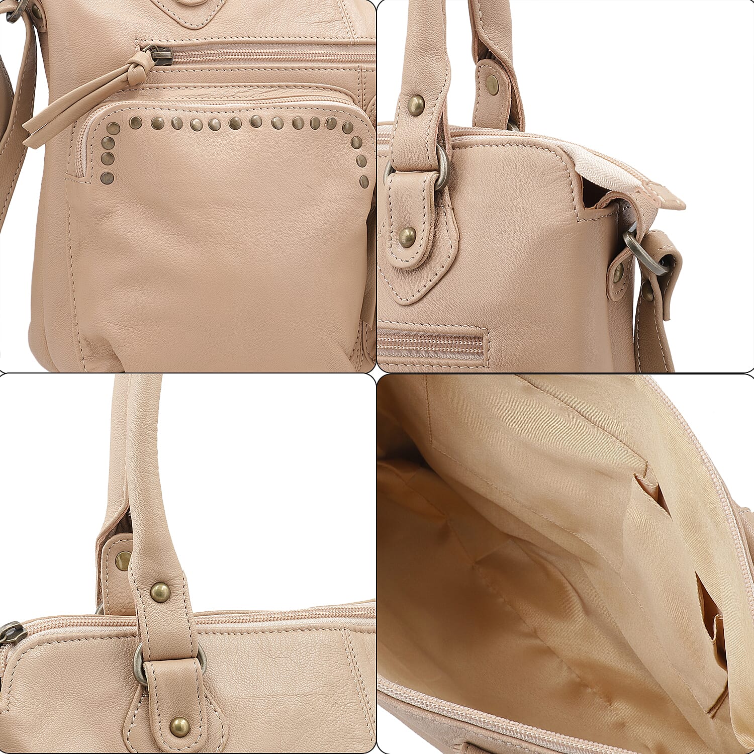 RFID Protected 100% Genuine Leather Shoulder Bag With Handle Drop - Beige