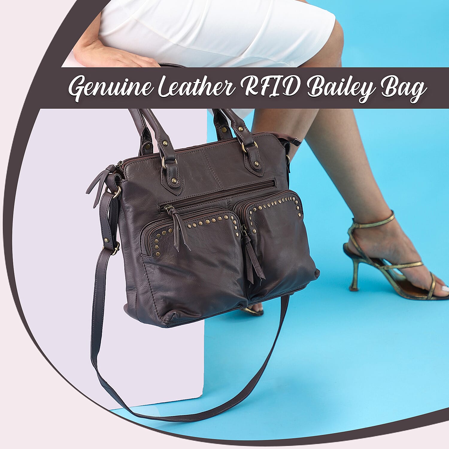 RFID Protected 100% Genuine Leather Shoulder Bag With Handle Drop - Brown