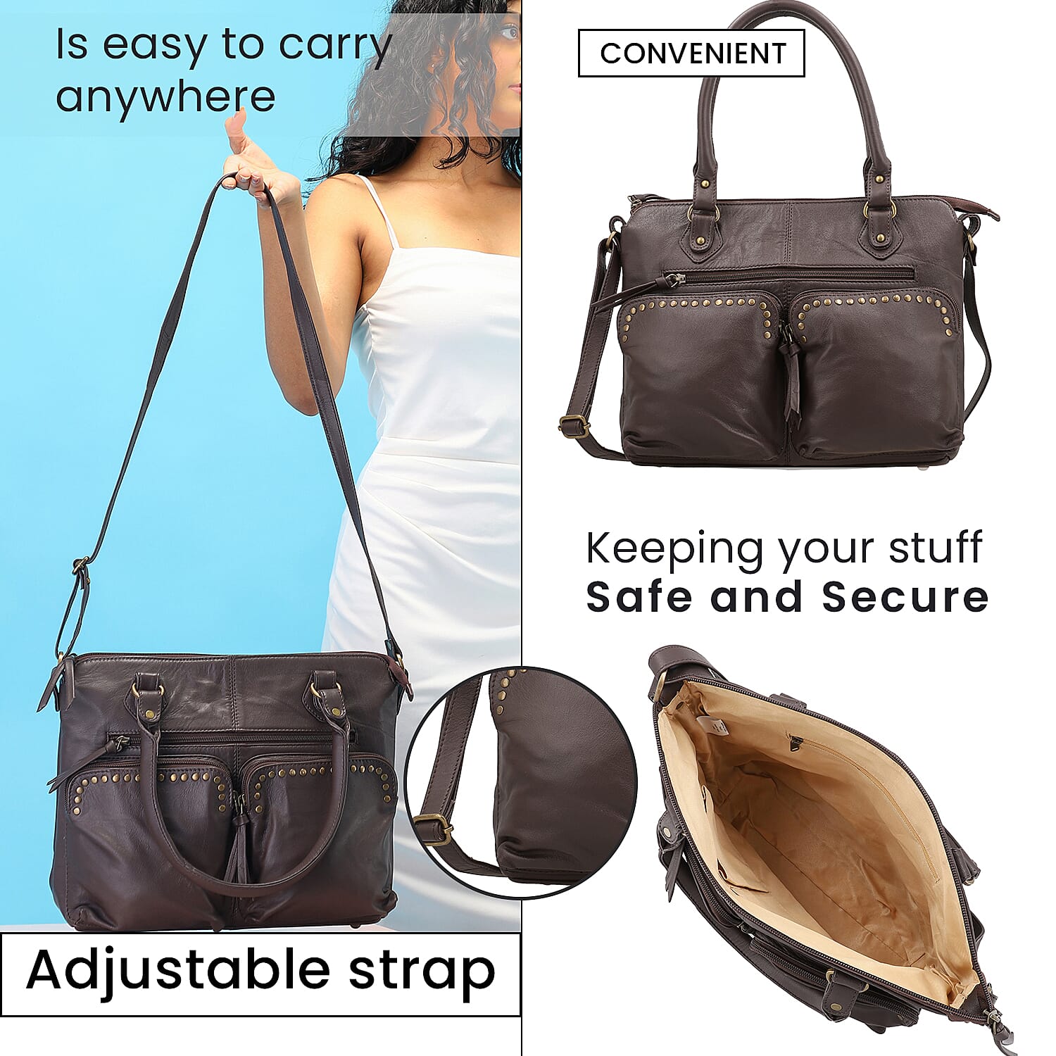 RFID Protected 100% Genuine Leather Shoulder Bag With Handle Drop - Brown