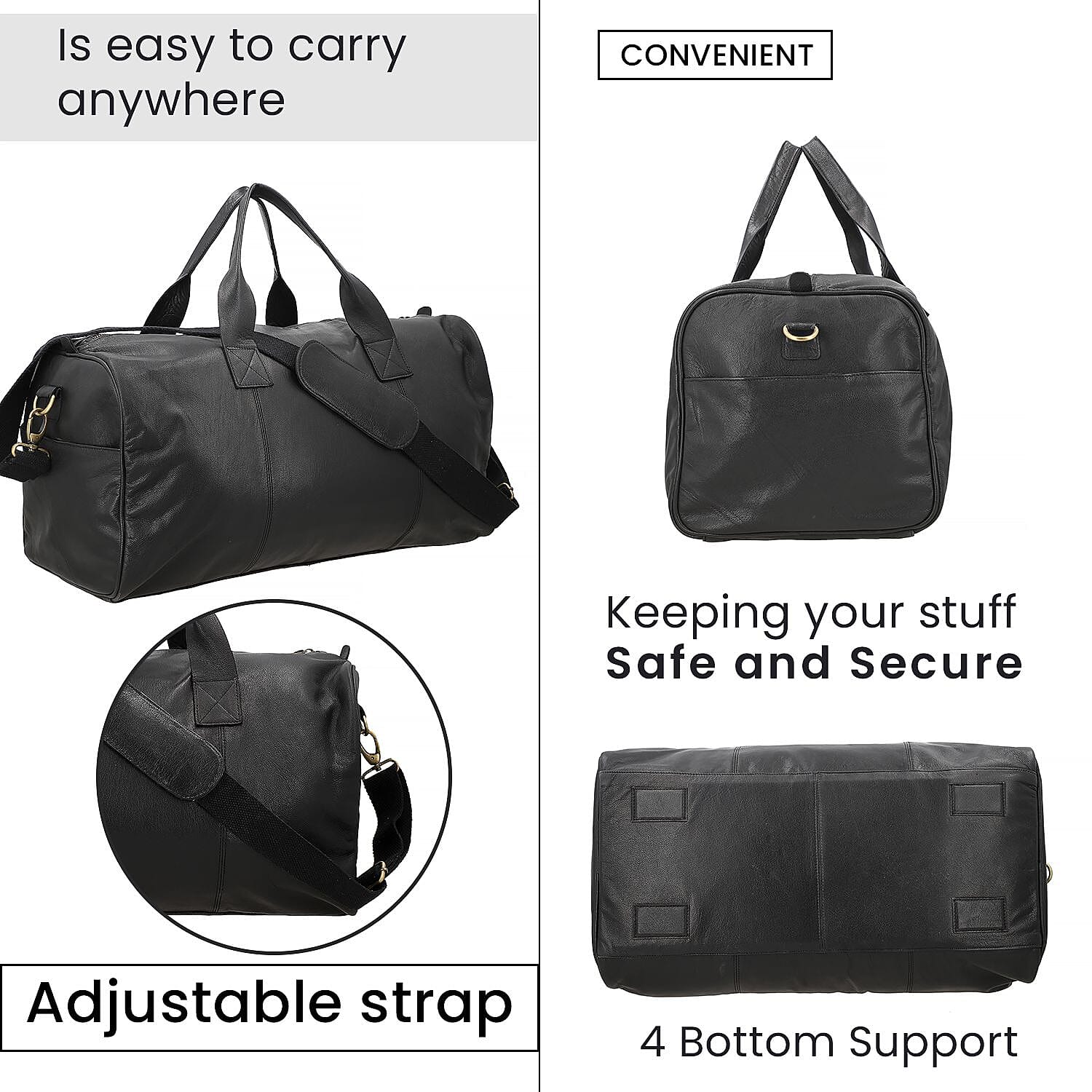 Genuine Leather Solid Travel Bag (Size 51x25x25 cm) - Black