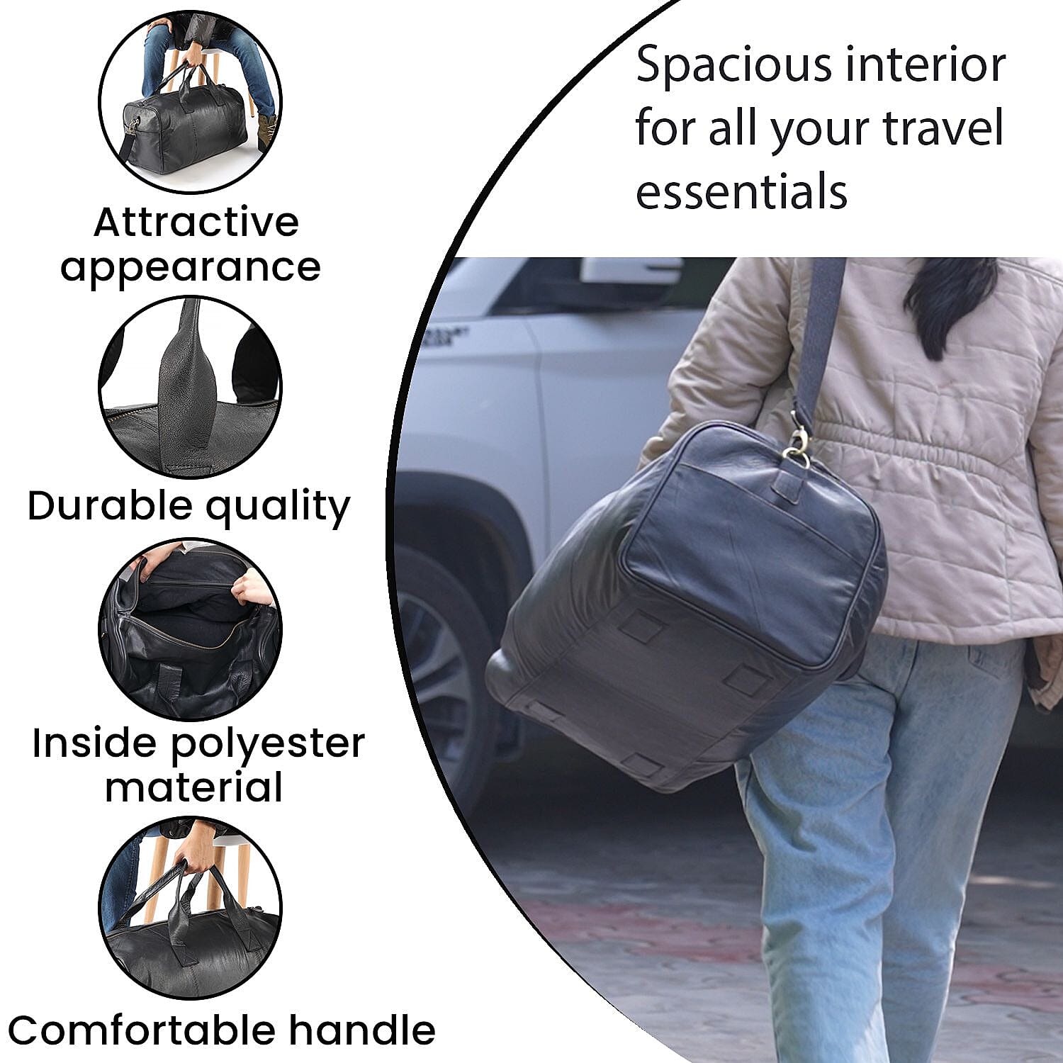 Genuine Leather Solid Travel Bag (Size 51x25x25 cm) - Black