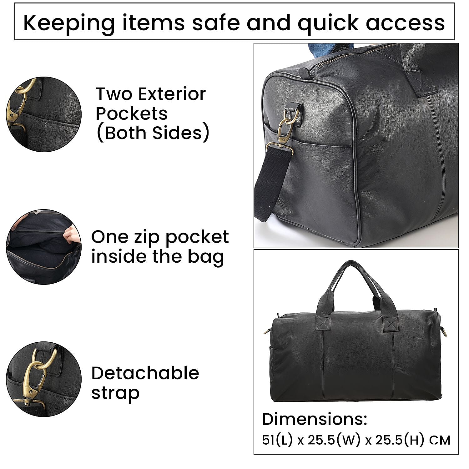 Genuine Leather Solid Travel Bag (Size 51x25x25 cm) - Black