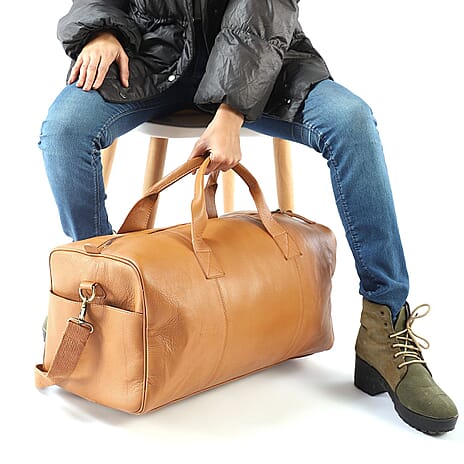 100% Genuine Leather Luggage Duffle Bag - Tan