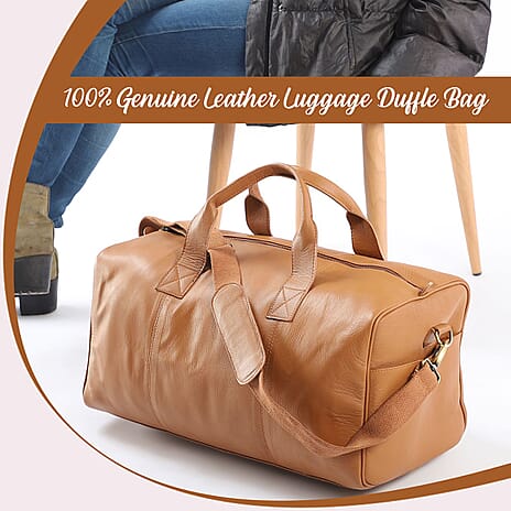 100% Genuine Leather Luggage Duffle Bag - Tan