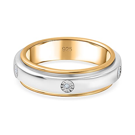 Natural White Diamond Spinner Band Ring with 5 diamonds in Platinum & 18K Vermeil Yellow Gold Plated Sterling Silver, Silver Wt. 6.51 Gms.