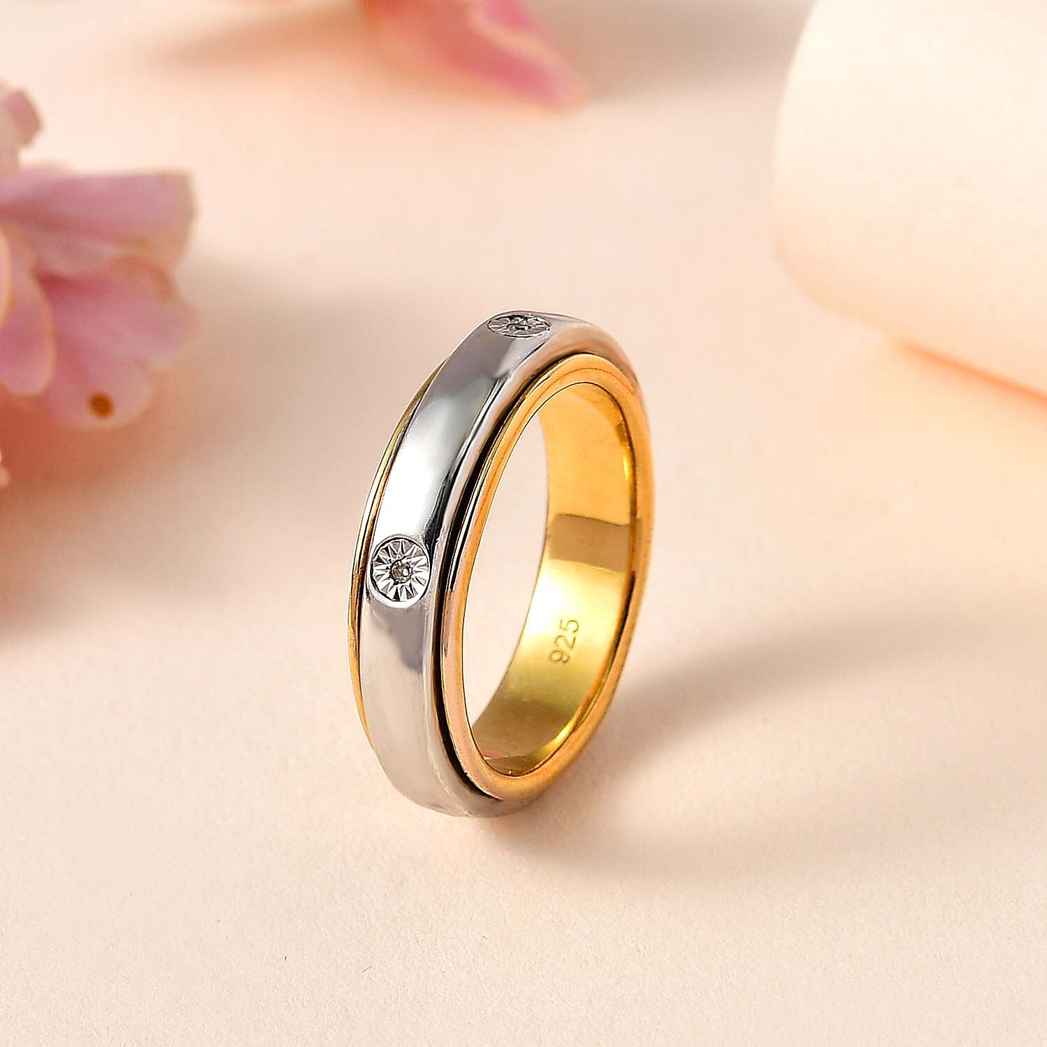 Natural White Diamond Spinner Band Ring with 5 diamonds in Platinum & 18K Vermeil Yellow Gold Plated Sterling Silver, Silver Wt. 6.51 Gms.