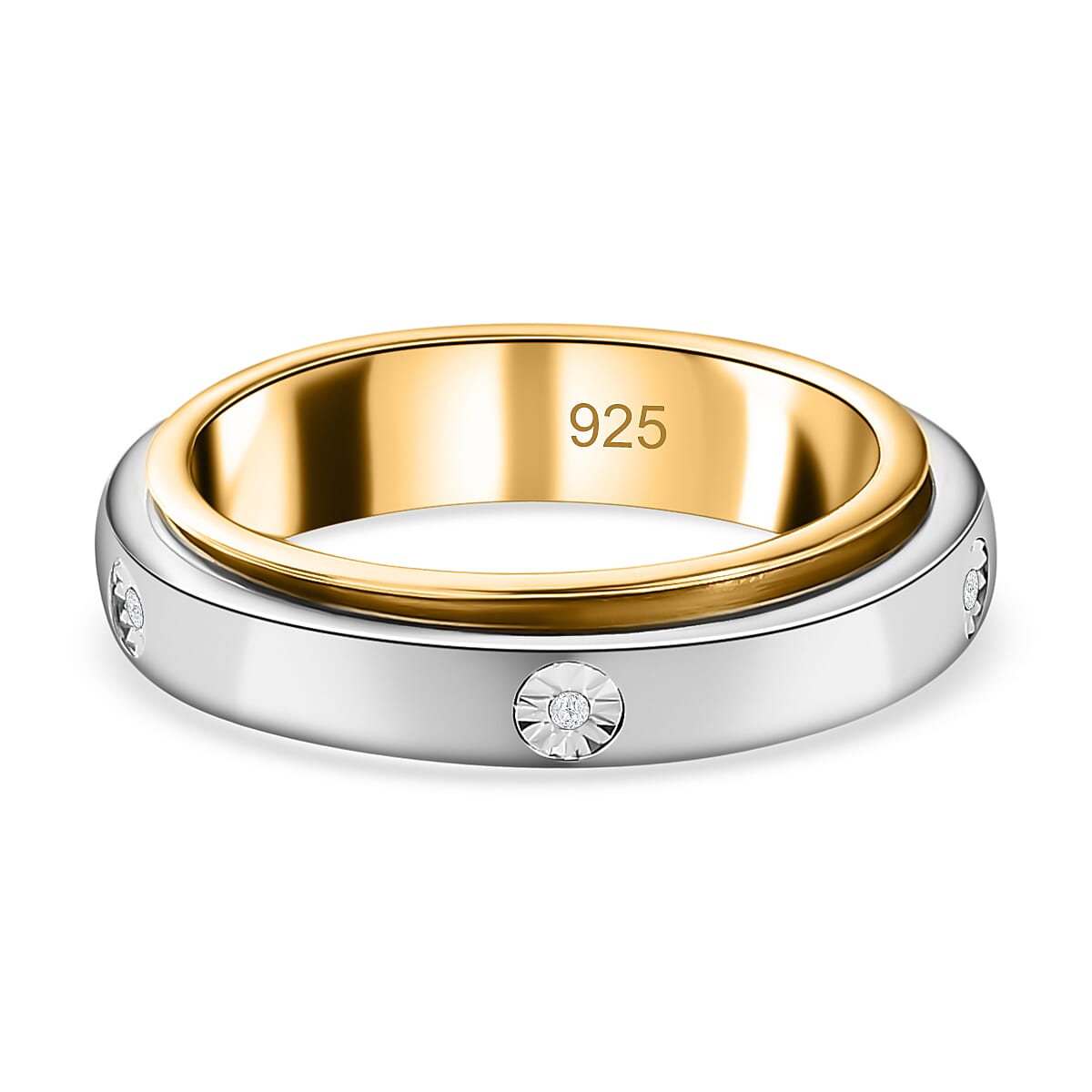 First Launch - Diamond Spinner Band Ring with 5 diamonds in Platinum and Gold Overlay in Sterling Silver