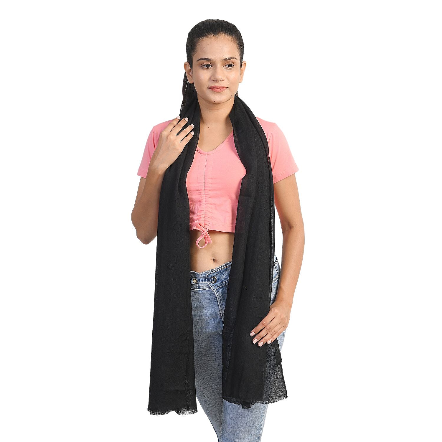 La Marey 100% Cashmere Pashmina Scarf (Size 190x70 Cm) - Black