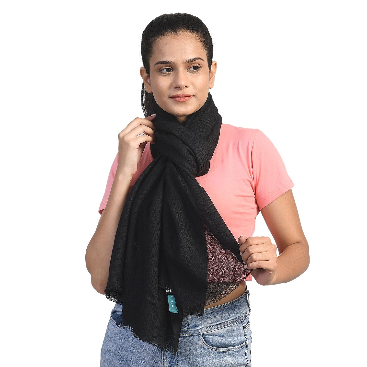 La Marey 100% Cashmere Pashmina Scarf (Size 190x70 Cm) - Black