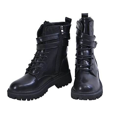 LA MAREY Womens Round Toe High Ankle Boots with Buckle and Side Zipper Closure (Size 4) - Black
