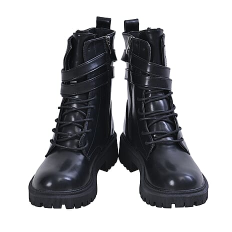 LA MAREY Womens Round Toe High Ankle Boots with Buckle and Side Zipper Closure (Size 5) - Black