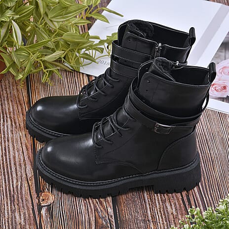 LA MAREY Womens Round Toe High Ankle Boots with Buckle and Side Zipper Closure (Size 7) - Black