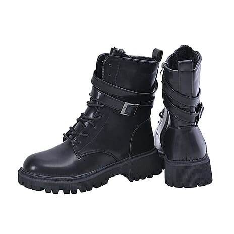 LA MAREY Womens Round Toe High Ankle Boots with Buckle and Side Zipper Closure (Size 7) - Black