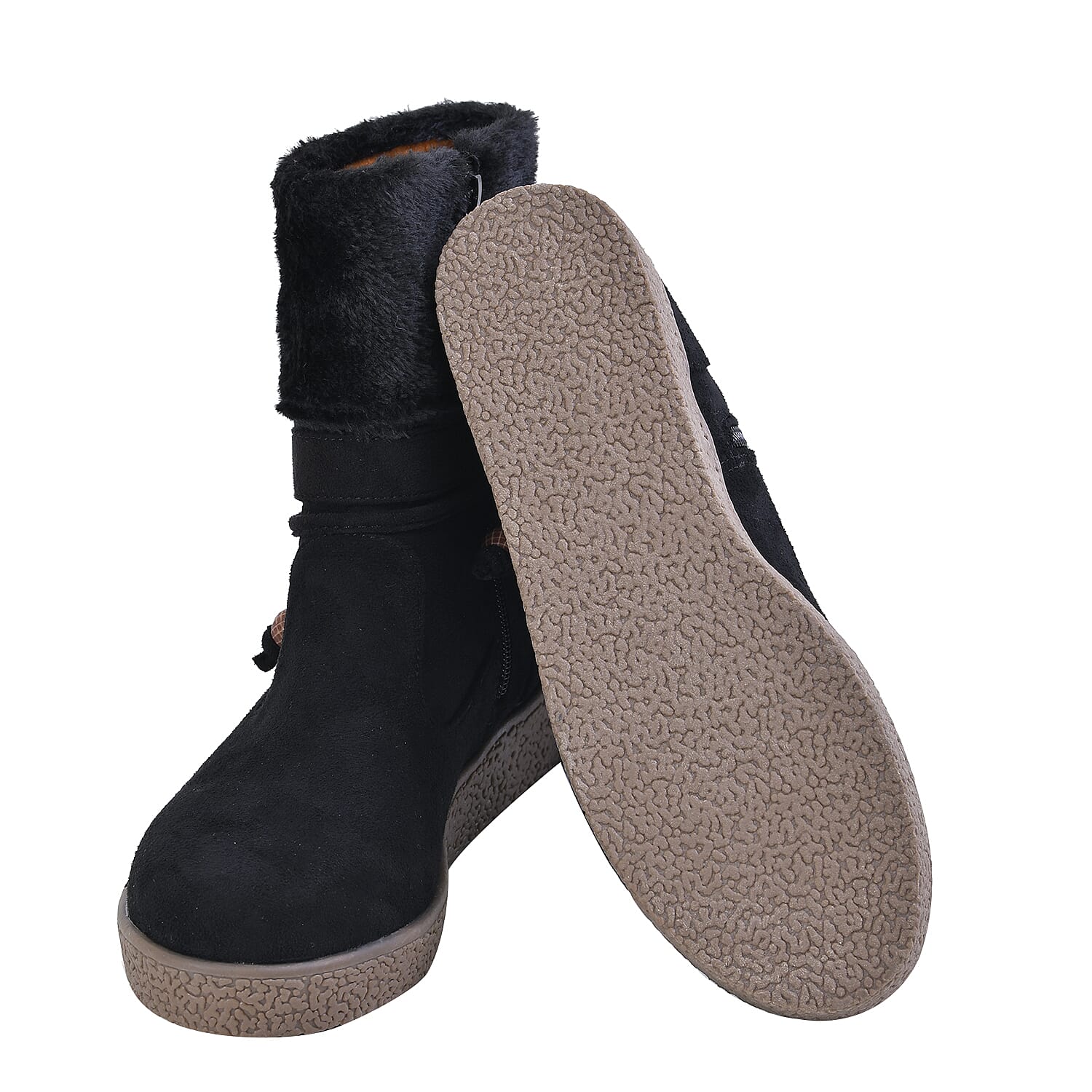 LA MAREY Faux Fur Collar Ankle Boots - Black