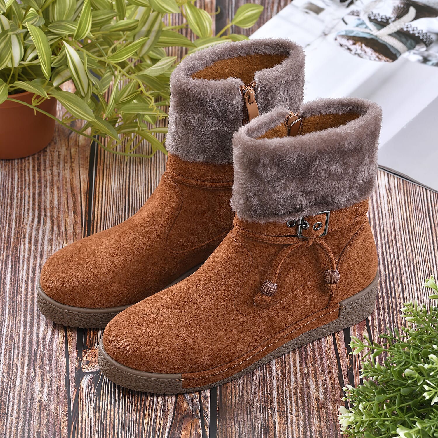 LA MAREY Faux Fur Collar Ankle Boots - Black