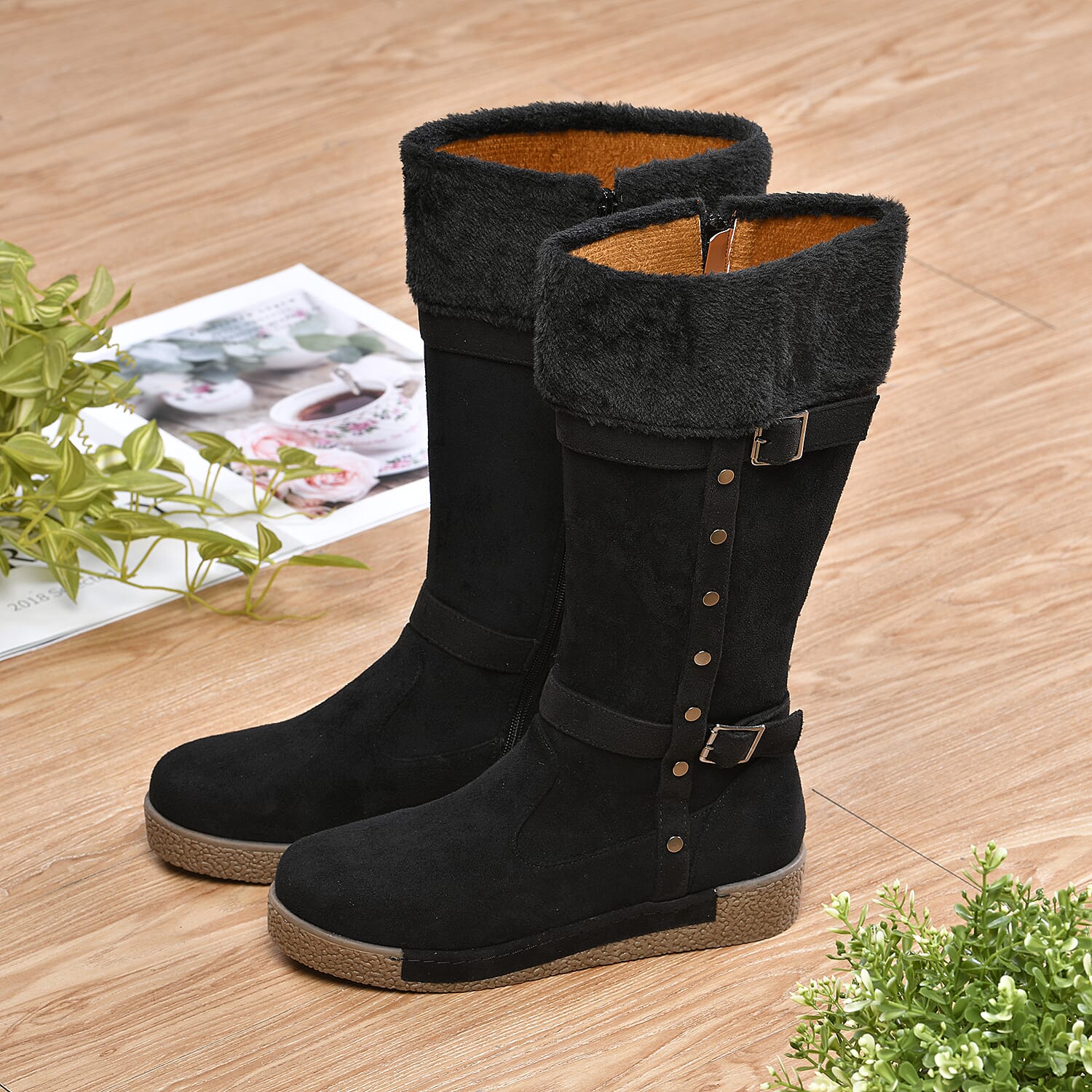 LA MAREY Faux Fur Boots - Black