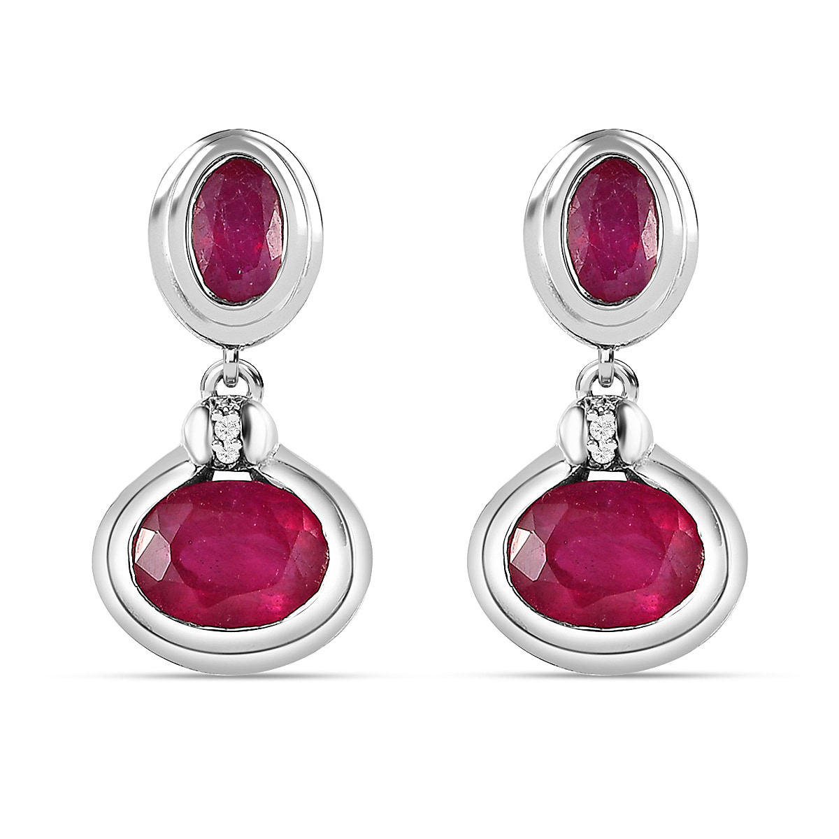African Ruby, Moissanite Drop Push Post Earrings in Platinum Overlay Sterling Silver