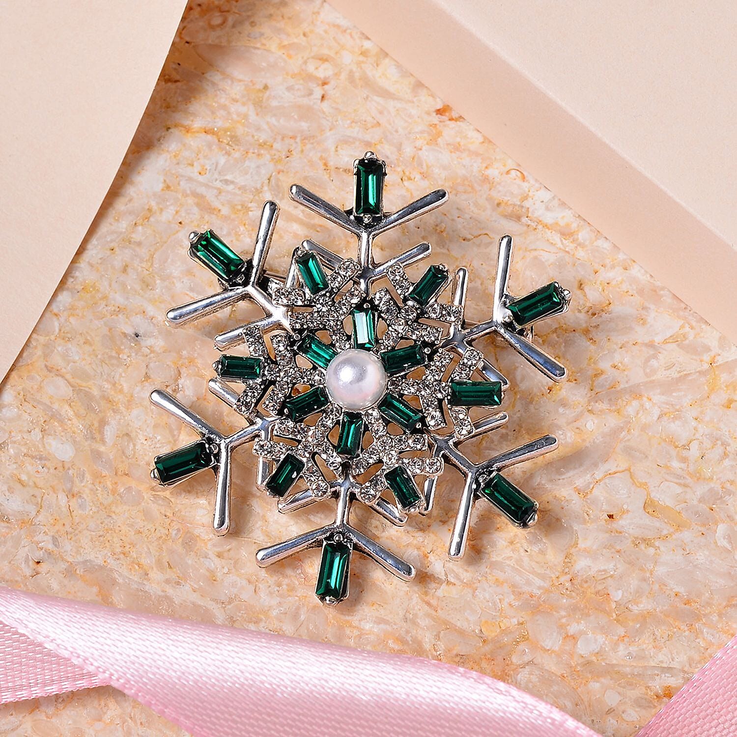 Green & White Austrian Crystal Pearl Brooch in Silver Tone