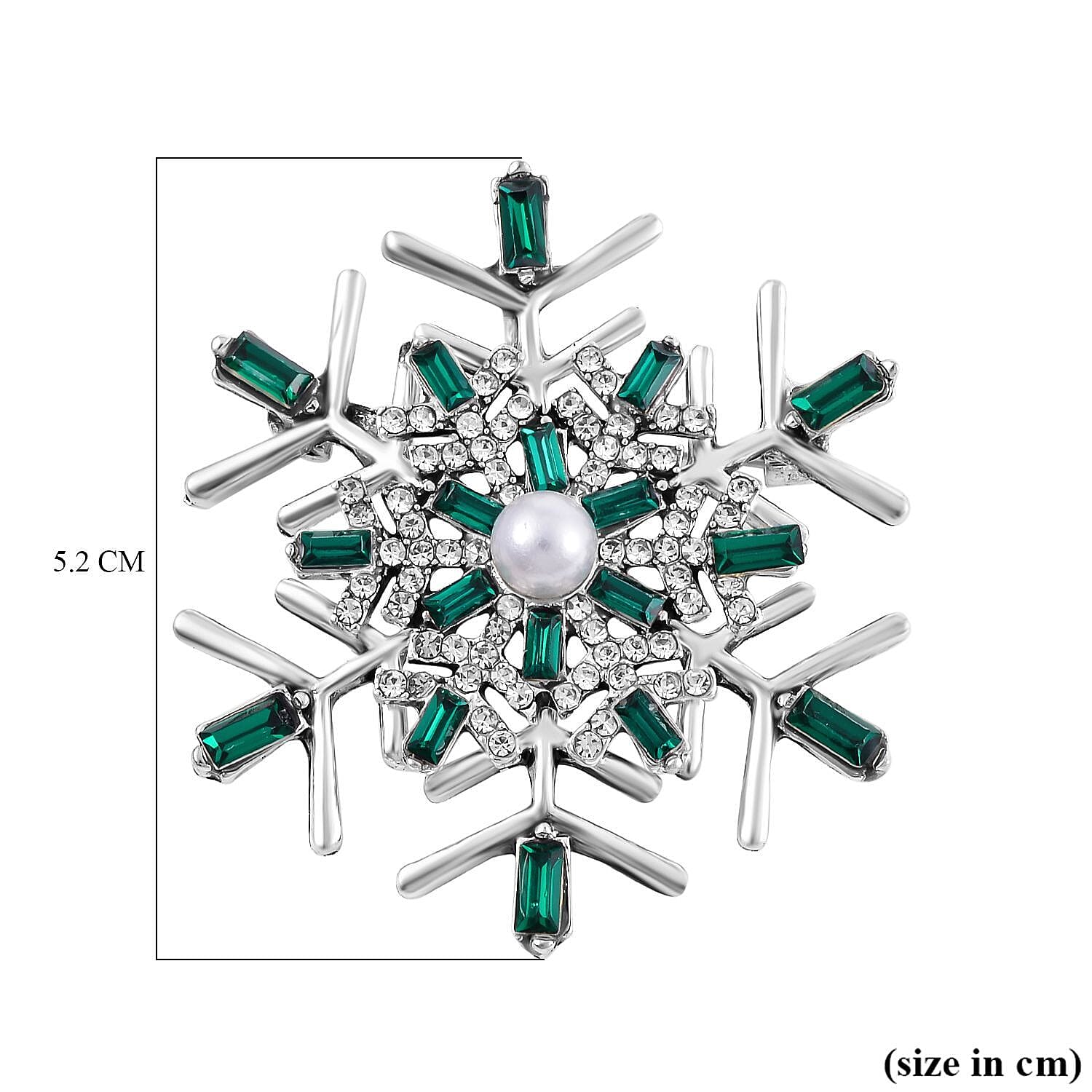 Green & White Austrian Crystal Pearl Brooch in Silver Tone
