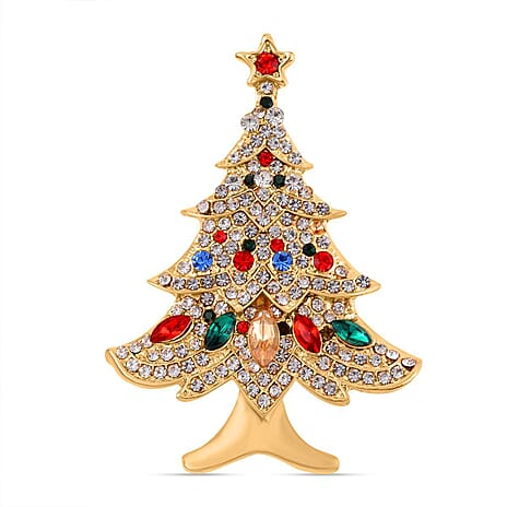 Multi Colour Austrian Crystal Enamelled Christmas Tree Brooch in Yellow Gold Tone