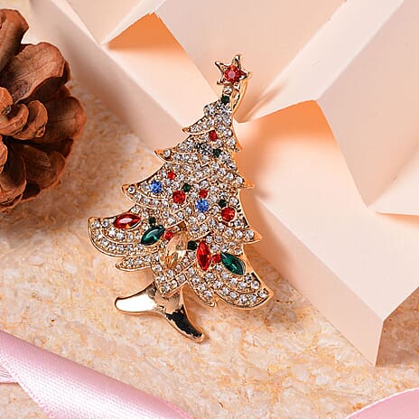 Multi Colour Austrian Crystal Enamelled Christmas Tree Brooch in Yellow Gold Tone
