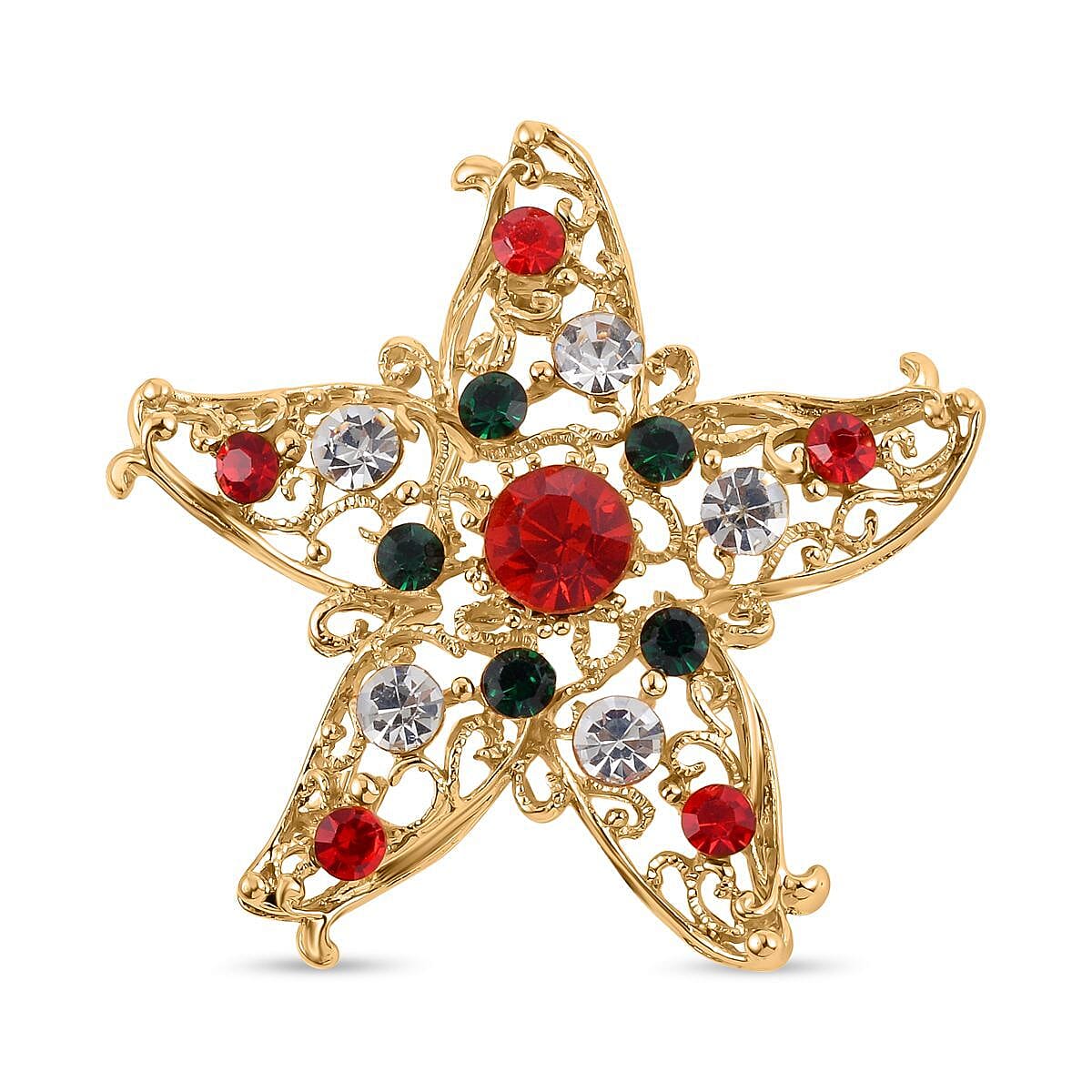 Back By Popular Demand - Multi Crystal Christmas Brooch - Star in Yellow Gold Tone
