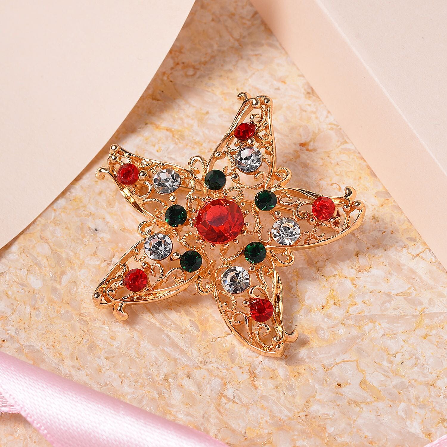 Back By Popular Demand - Multi Crystal Christmas Brooch - Star in Yellow Gold Tone