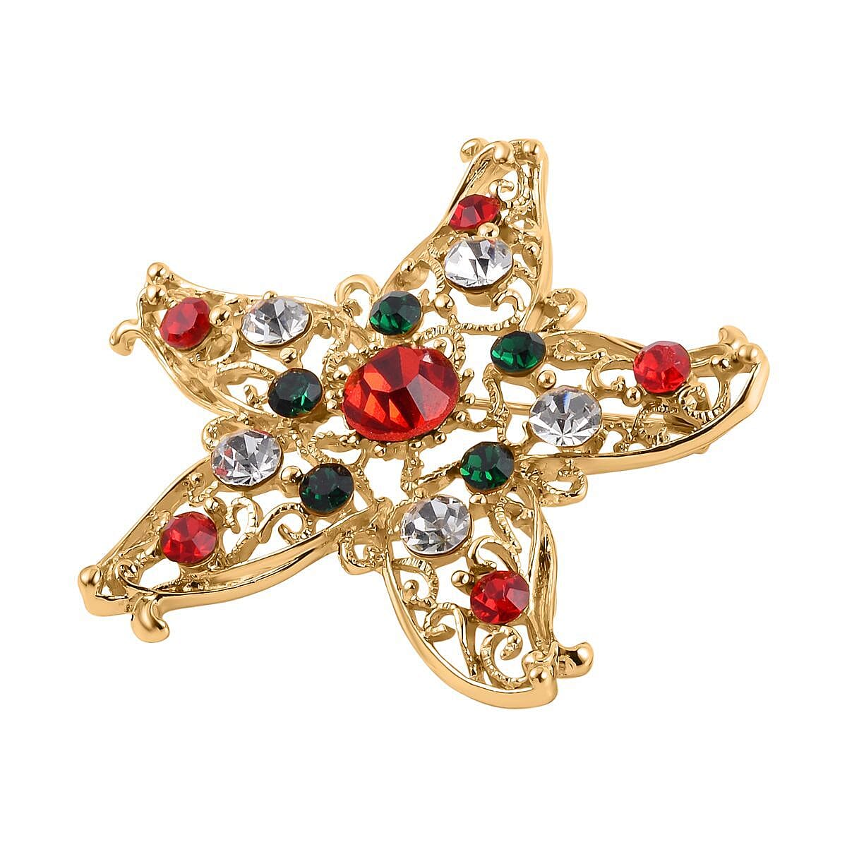 Back By Popular Demand - Multi Crystal Christmas Brooch - Star in Yellow Gold Tone