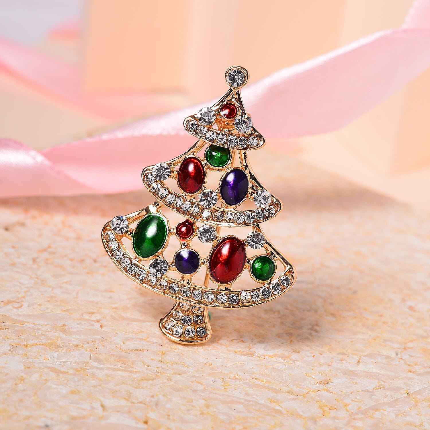 Multi Crystal Christmas Brooch - Tree