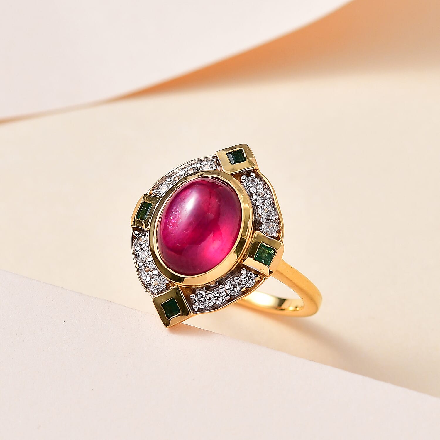 African Ruby, Zambian Emerald & Natural Zircon Ring in 18K Yellow Gold Vermeil Plated Sterling Silver 5.06 Ct.
