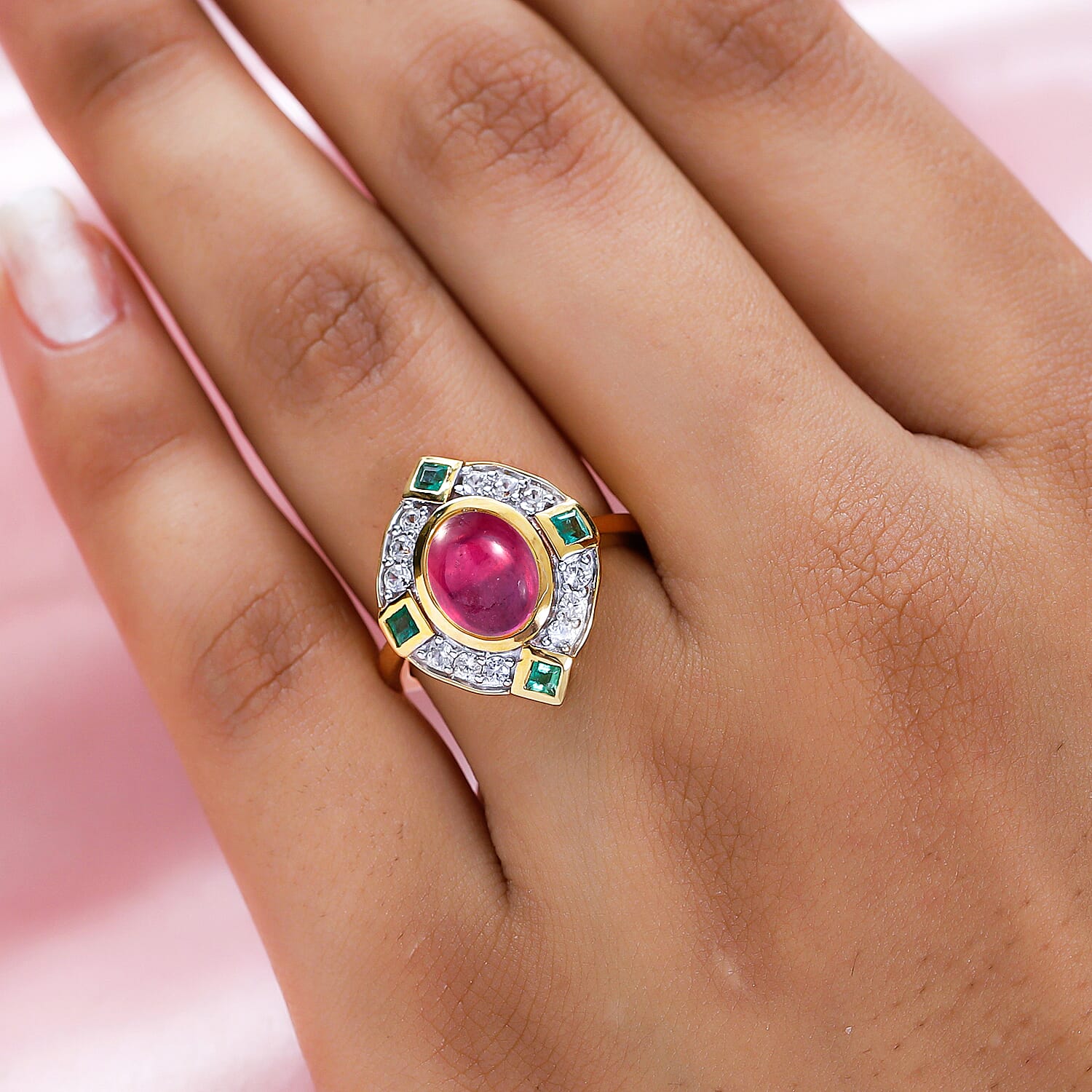 African Ruby, Zambian Emerald & Natural Zircon Ring in 18K Yellow Gold Vermeil Plated Sterling Silver 5.06 Ct.