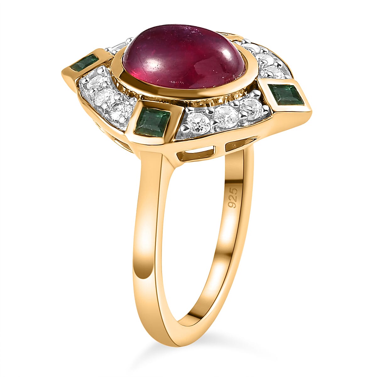 African Ruby, Zambian Emerald & Natural Zircon Ring in 18K Yellow Gold Vermeil Plated Sterling Silver 5.06 Ct.
