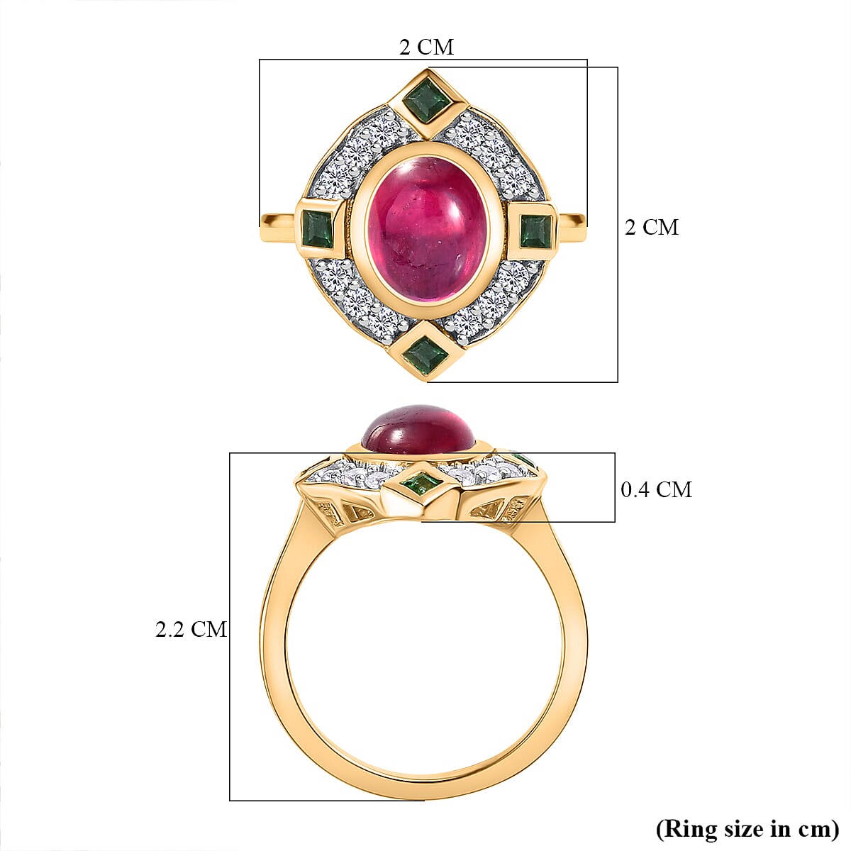 African Ruby, Zambian Emerald & Natural Zircon Ring in 18K Yellow Gold Vermeil Plated Sterling Silver 5.06 Ct.
