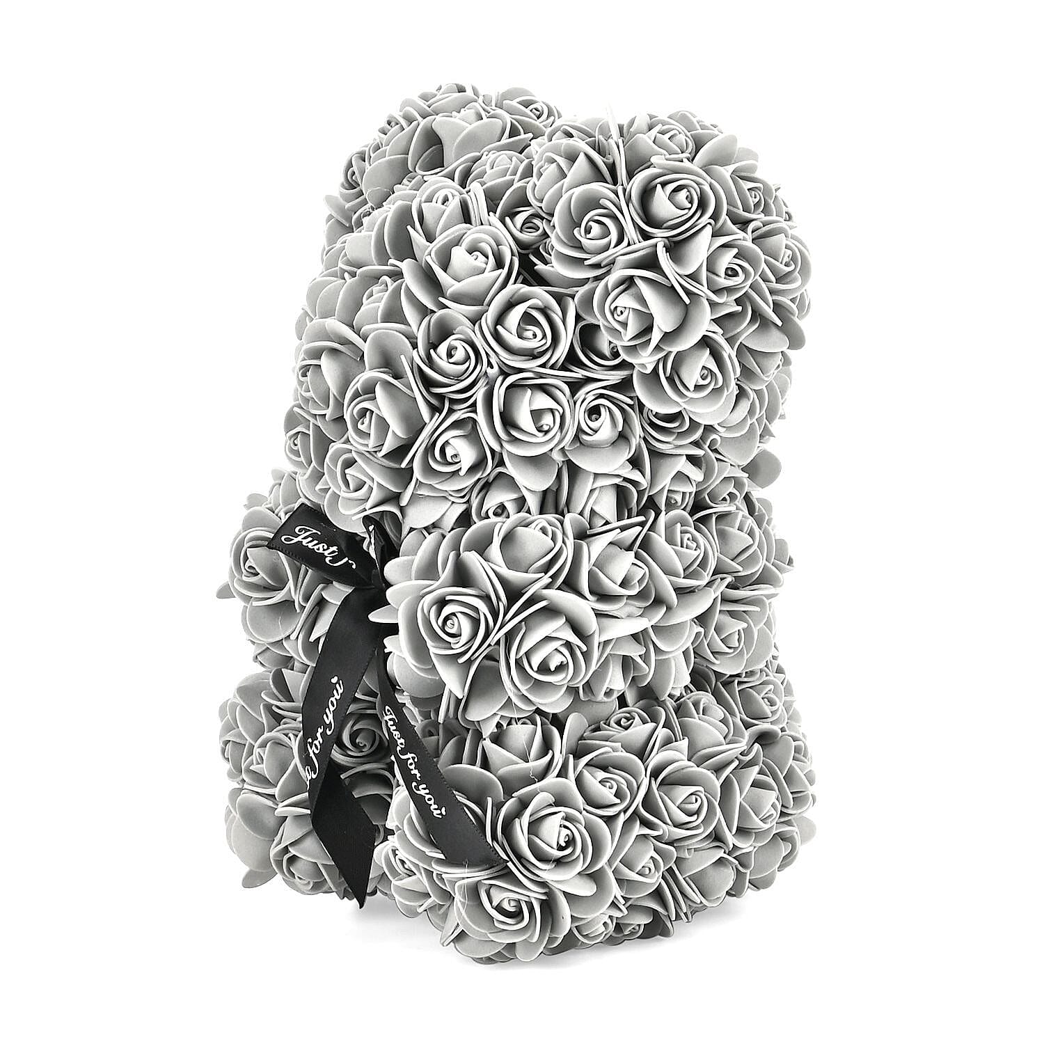 Handcrafted Faux Rose Flower Bear with Bow - Grey