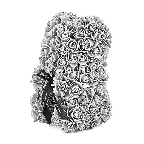 Handcrafted Faux Rose Flower Bear with Bow - Grey