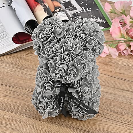 Handcrafted Faux Rose Flower Bear with Bow - Grey