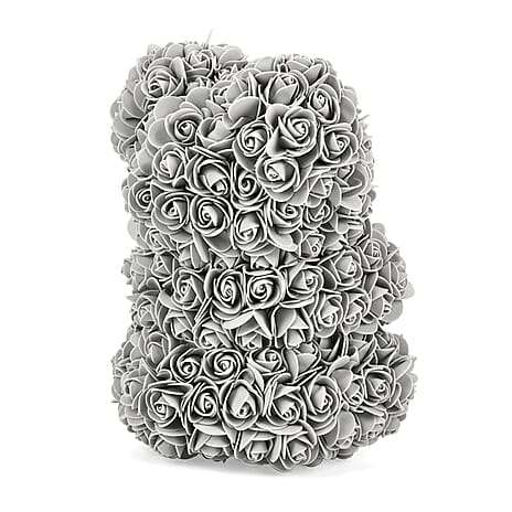 Handcrafted Faux Rose Flower Bear with Bow - Grey
