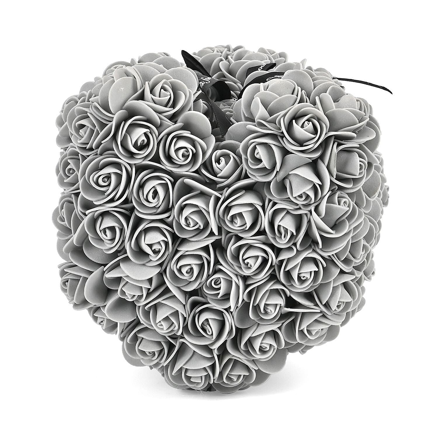 Handcrafted Faux Rose Flower Bear with Bow - Grey
