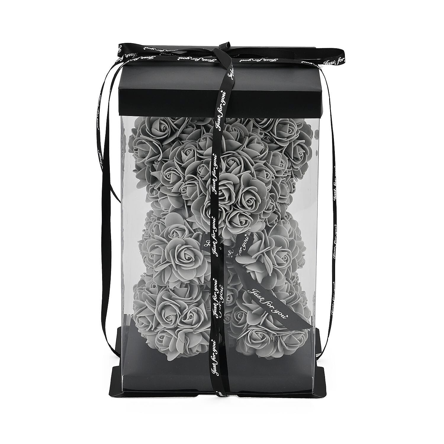 Handcrafted Faux Rose Flower Bear with Bow - Grey