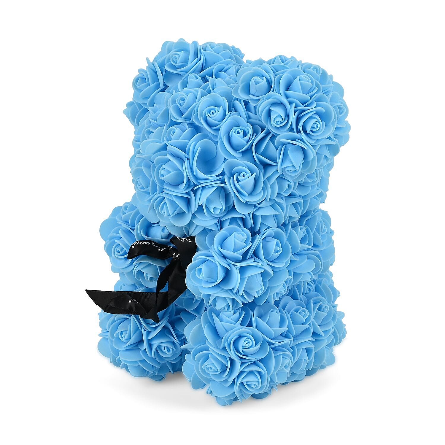 Handcrafted Faux Rose Flower Bear with Bow - Light Blue