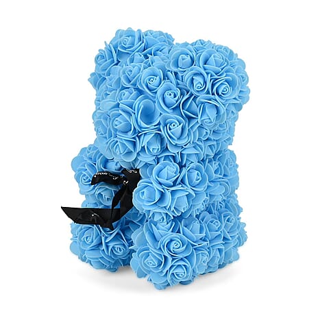 Handcrafted Faux Rose Flower Bear with Bow - Light Blue