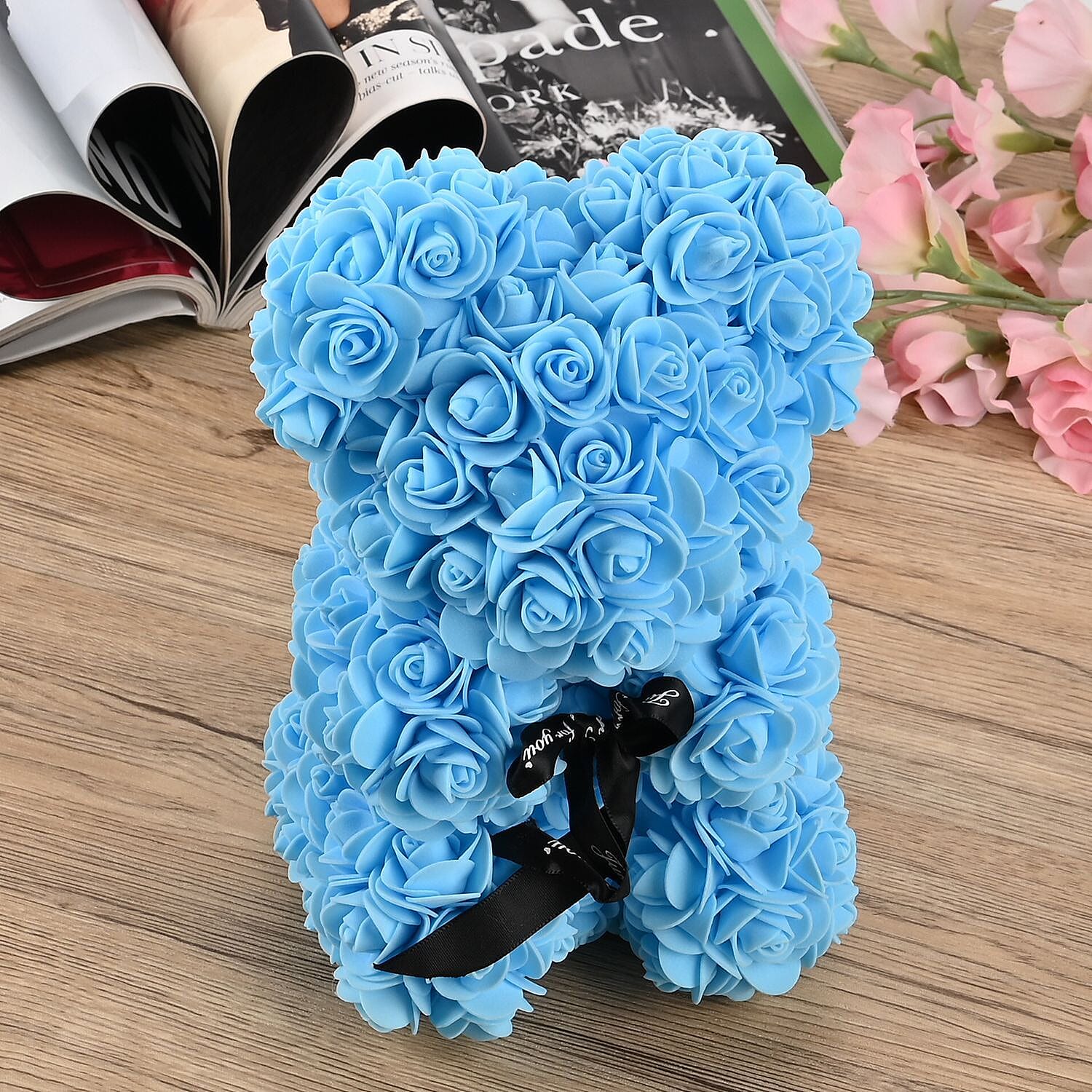Handcrafted Faux Rose Flower Bear with Bow - Light Blue