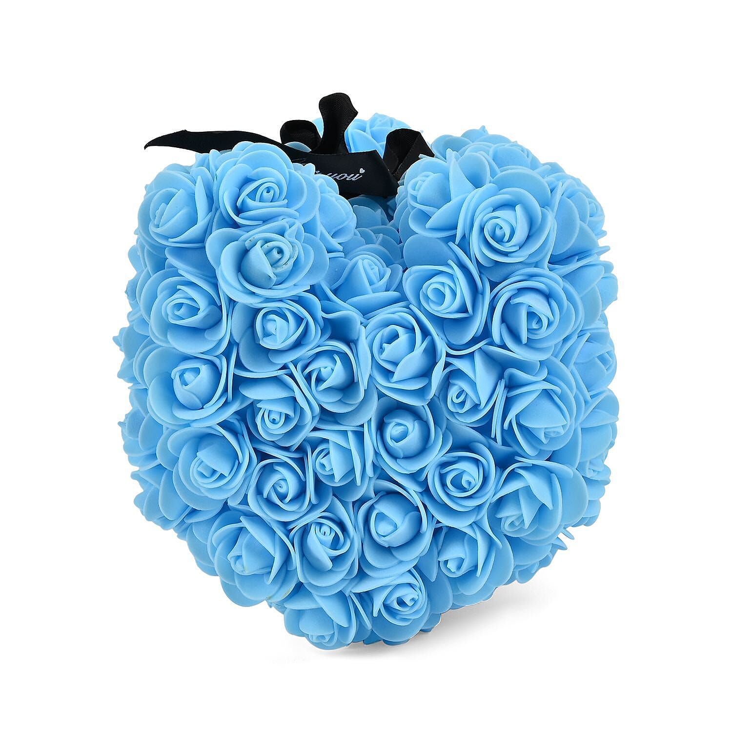 Handcrafted Faux Rose Flower Bear with Bow - Light Blue