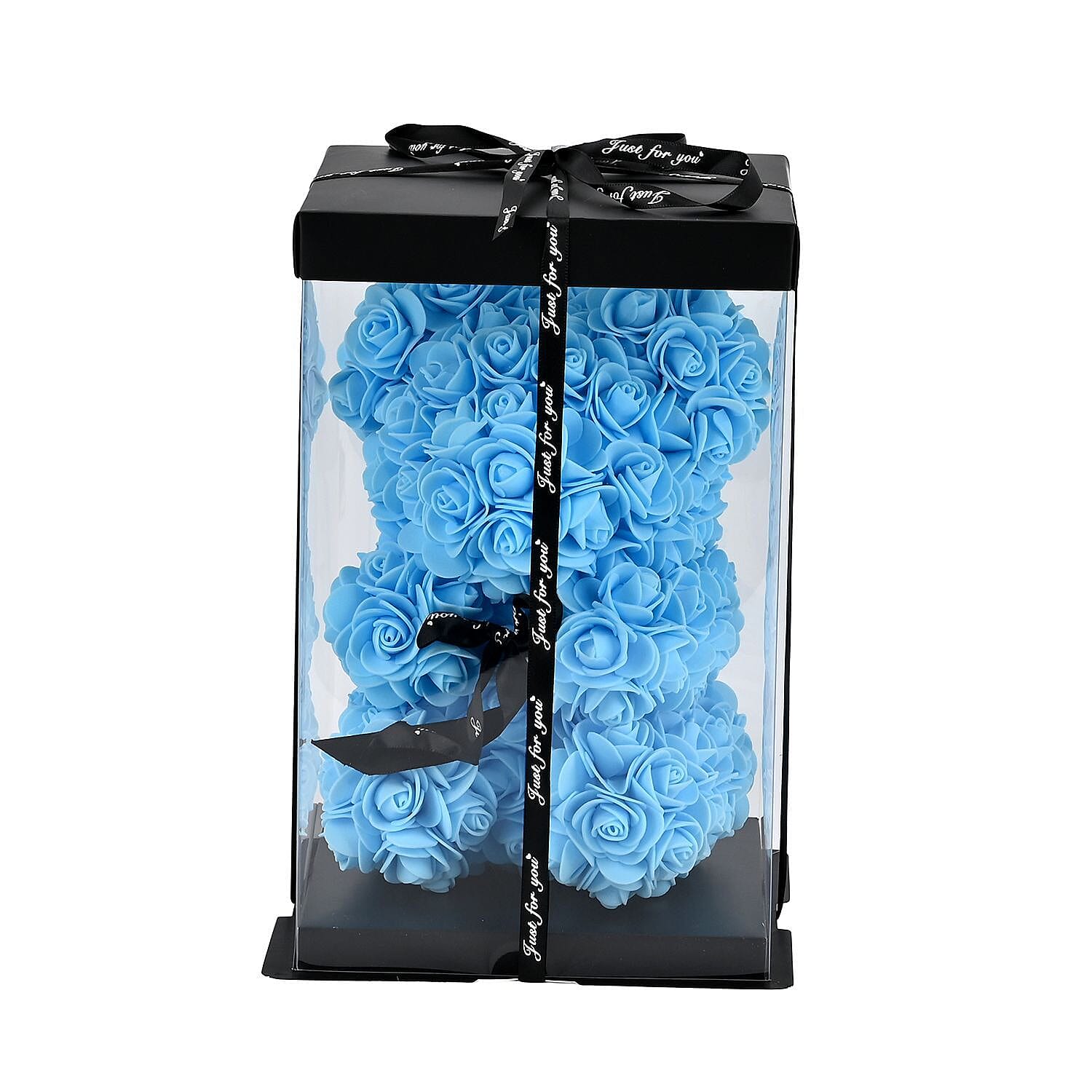 Handcrafted Faux Rose Flower Bear with Bow - Light Blue